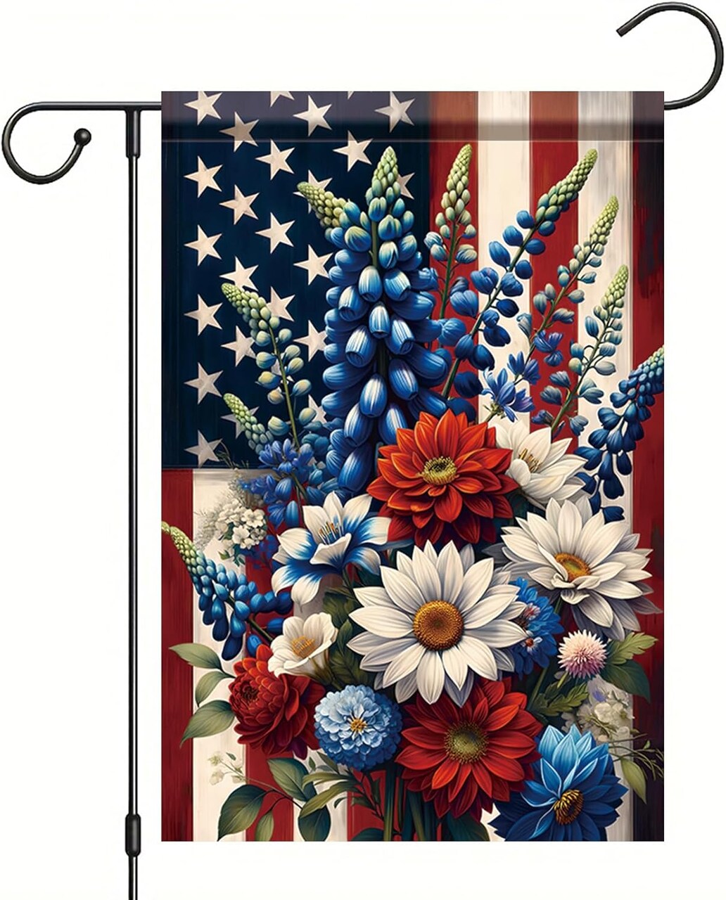 Patriotic 4th of July Garden Flag – 12x18 Inch Double-Sided Outdoor Yard Flag with Red, White, and Blue Flowers, American Flag Design for Memorial Day and Independence Day